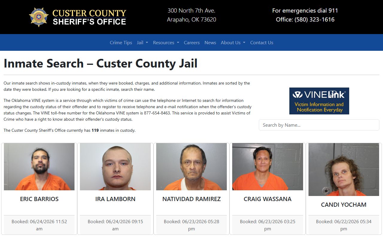 Custer County jail mugshots roster search with current booking cards