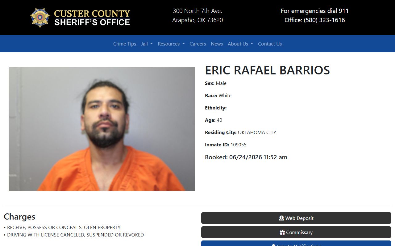 Custer County booking photo sample inmate profile fields