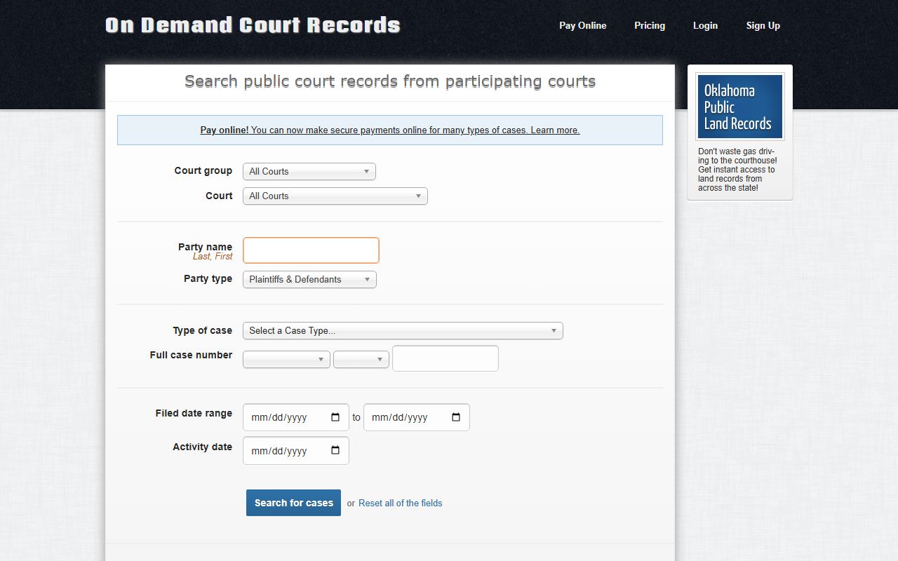 Custer County court records after arrest search fields on ODCR